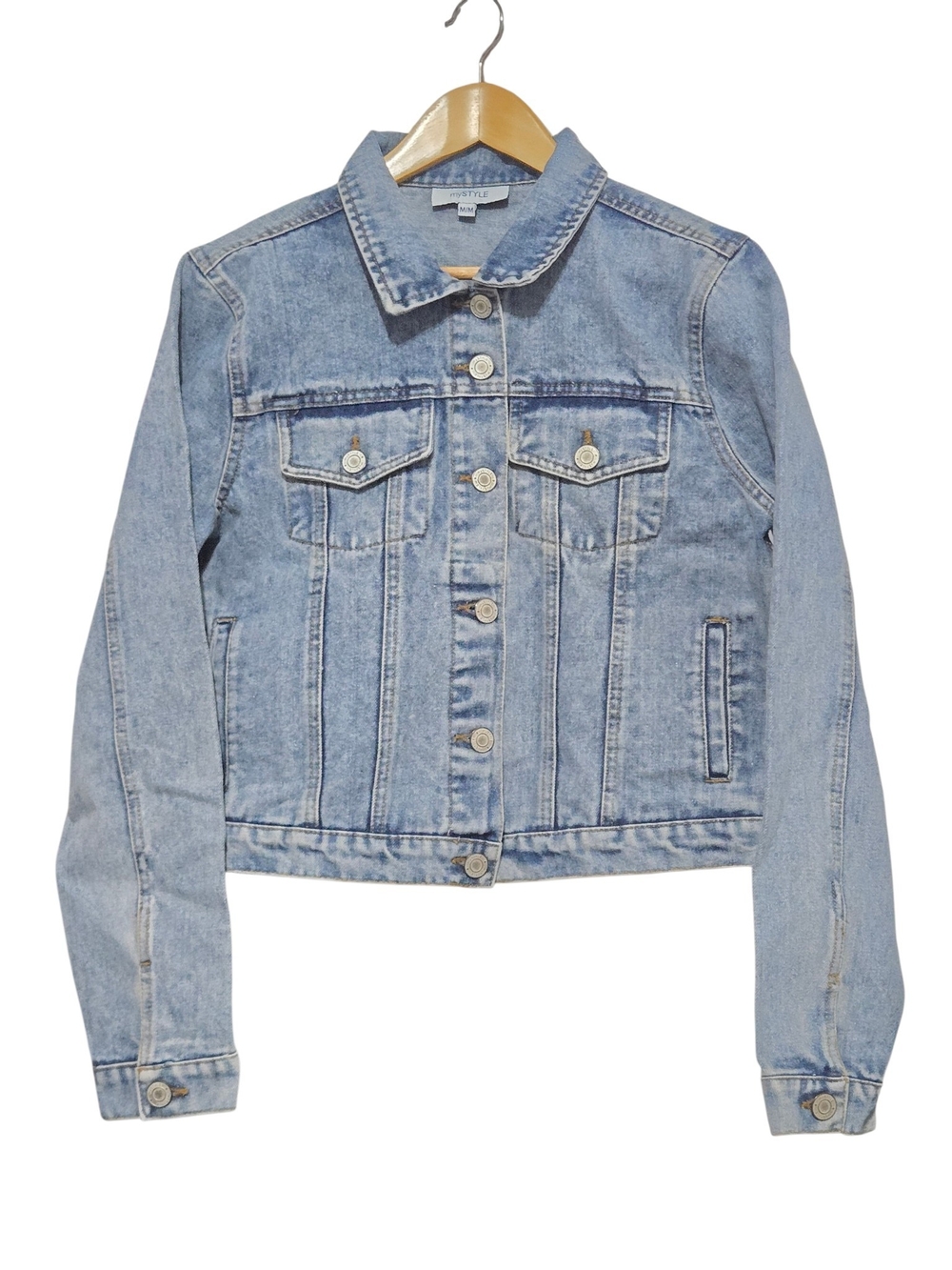 mySTYLE Denim Jacket Women’s M Light Wash Cropped Fitted Trucker Jean Jacket